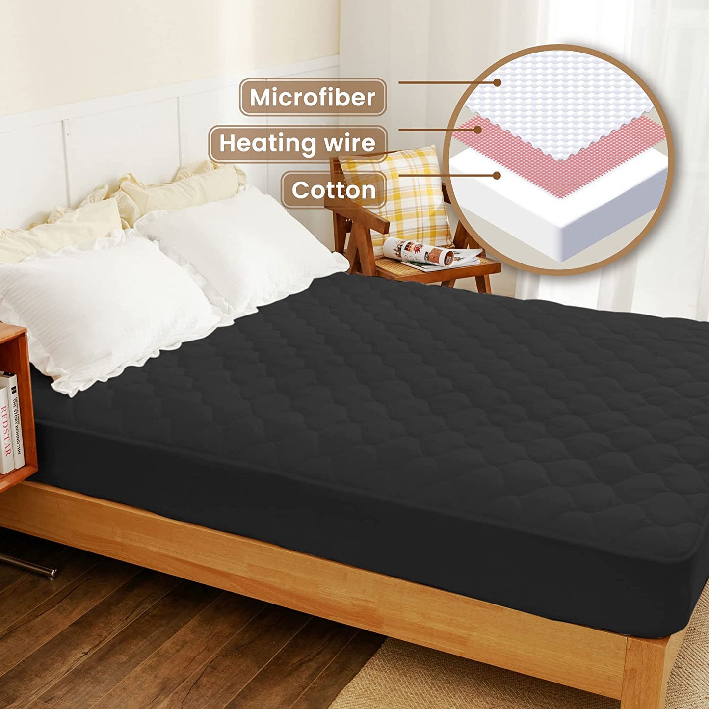 Heated Mattress Pad King Size Electric Mattress Pads Black Electric Bed Warmer Fit up to 21" with 11 Heat Settings Single Controller 9 Hours Auto Shut Off
