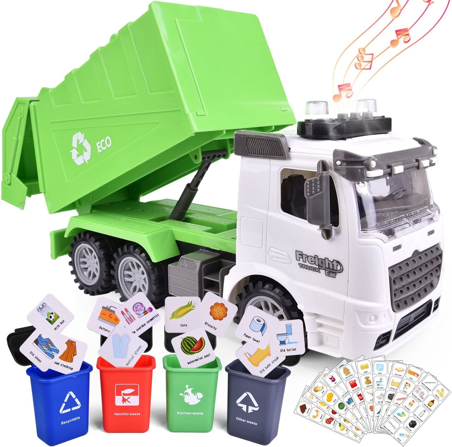 FUN LITTLE TOYS 12.2" Garbage Truck Toys with Lights and Sounds, Friction Powered Recycling Truck, Toy Trucks for Kids