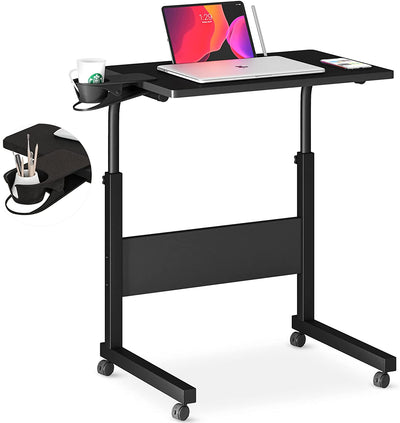 Standing Desk Adjustable Height, Stand up Desk with Cup Holder, Portable Laptop Desk, Mobile Standing Desk, Small Computer Desk, Bedside Table, Black Rolling Desk, Work Desk for Home Office