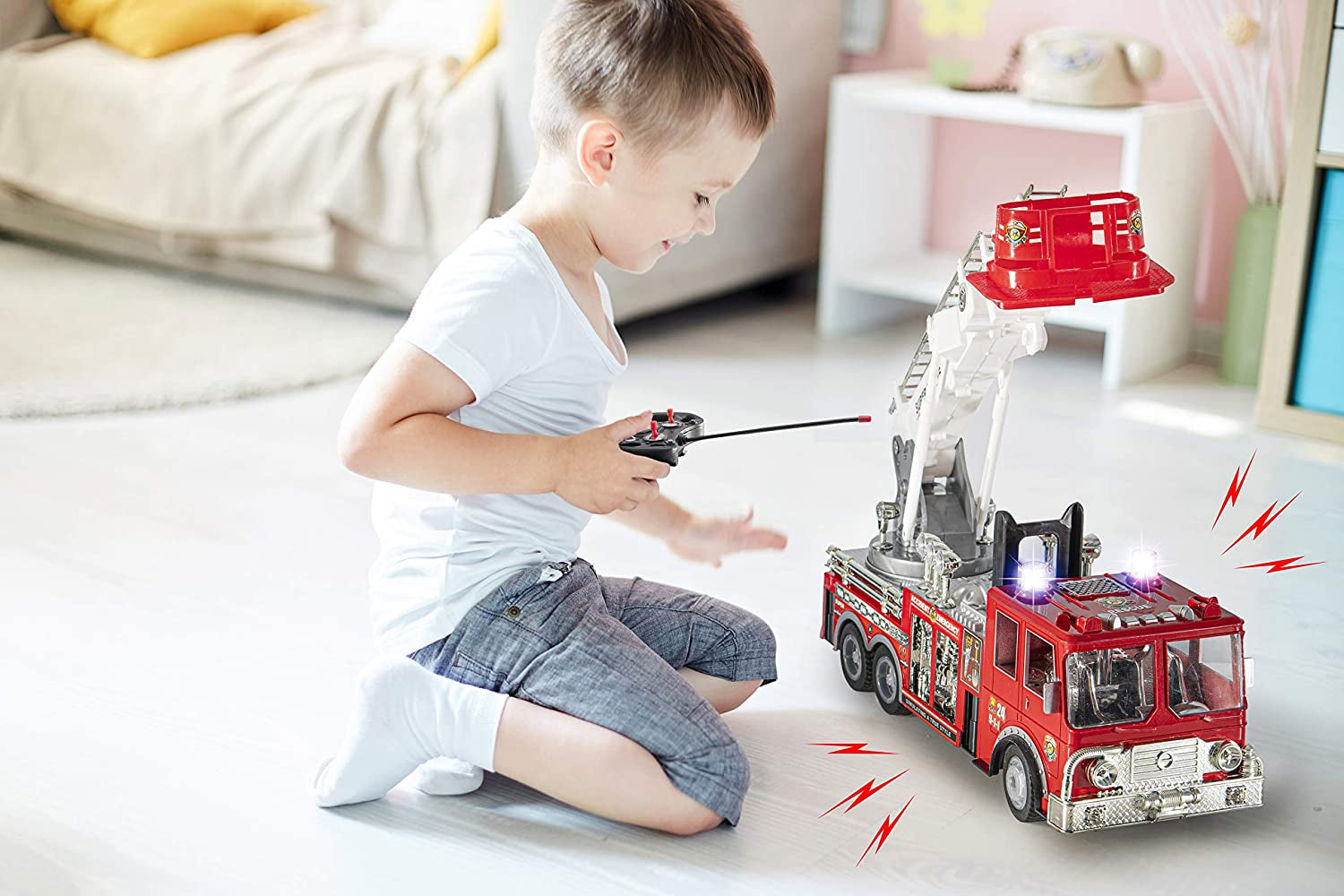 13'' Remote Control Fire Truck - Rescue R/C Fire Engine Truck Remote Control Truck Best Gift Toy for Boys with Lights, Siren, and Extending Ladder