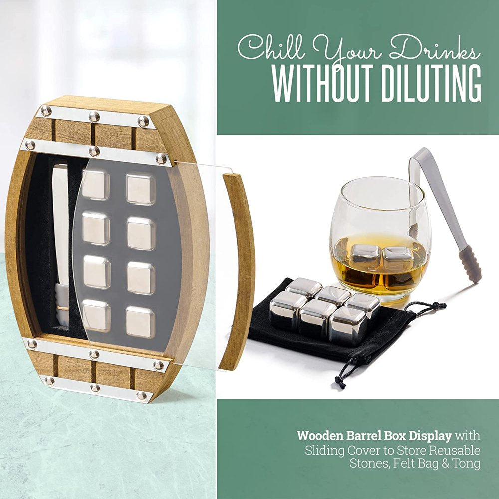Whiskey Stone Set, Stainless Steel Cubes, Wooden Barrel Box, Reusable Stones, Scotch, Wine