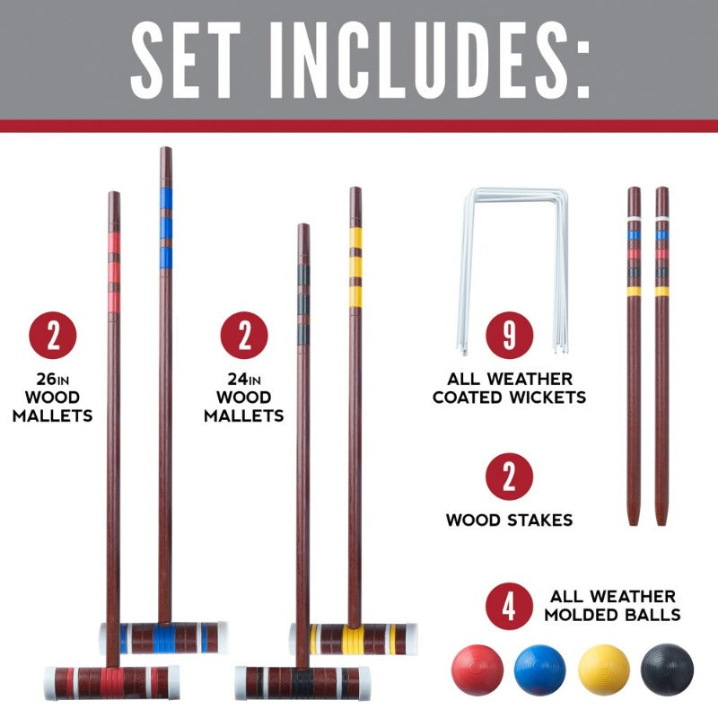 Croquet Set - Includes 4 Croquet Wood Mallets, 4 All Weather Balls, 2 Wood Stakes and 9 Metal Wickets - Classic Family Outdoor Game - Starter Set