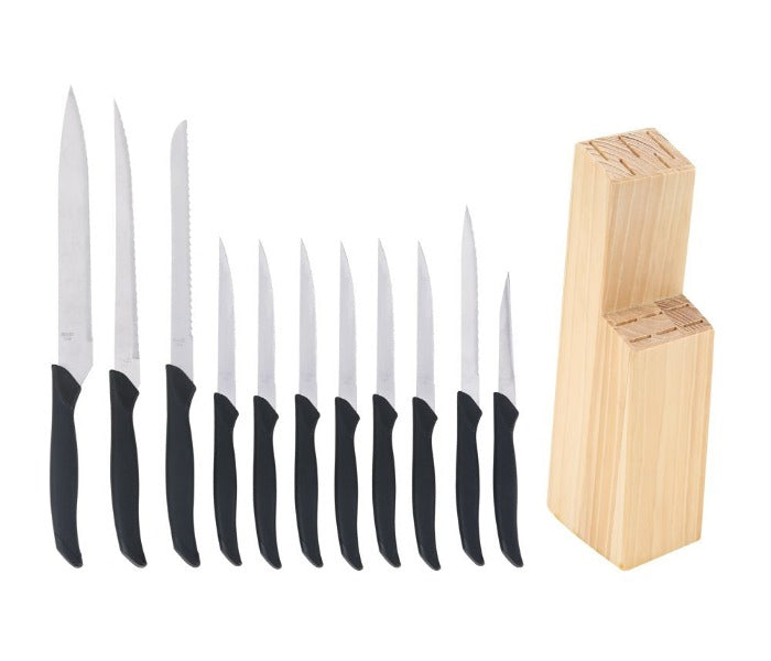  12 Piece Cutlery Set with Soft Grip Handles and Wood Storage Block
