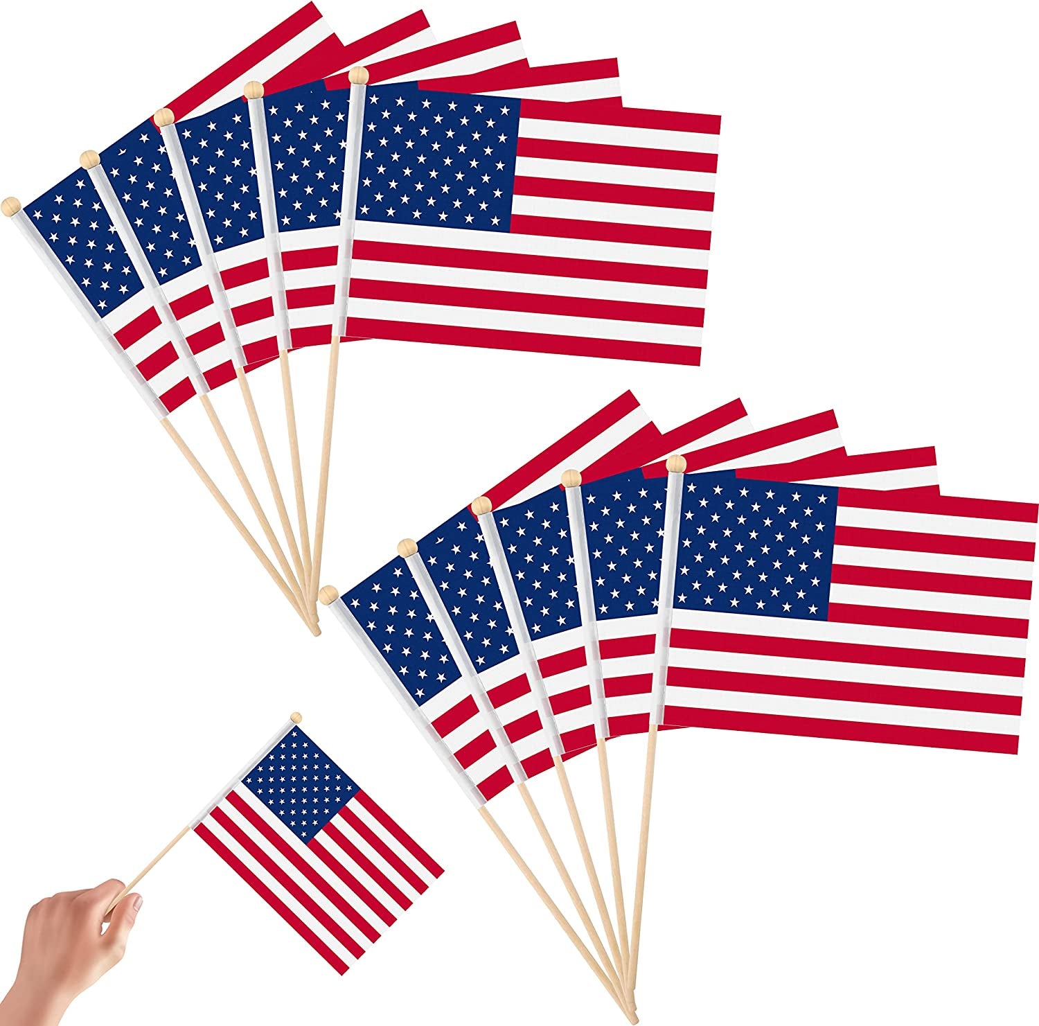 10 Pack US HandHeld Small Flag 8.2x5.5 inch (21x4cm) With 12 inch(30cm)Solid Wooden Pole for World Cup 2022,Party,Parade,Patriotic Activities,Home Decoration