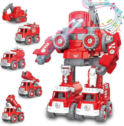 Take Apart Robot Toys for Kids, 5 in 1 Fire Truck Car Vehicle Set Transform into Robot, STEM Building Toy for Toddlers Boys Girls Ages 3+(Red)