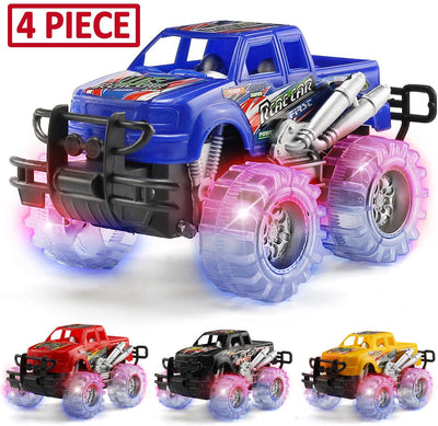 4 Pack 4 Colors Light up Monster Truck Set with Flashing LED Wheels, Best Gift for Boy and Girl Age 3+ Years Old. Push N Go Car, Monster Car Toy for Kids Child Toddler Birthday Party Favors