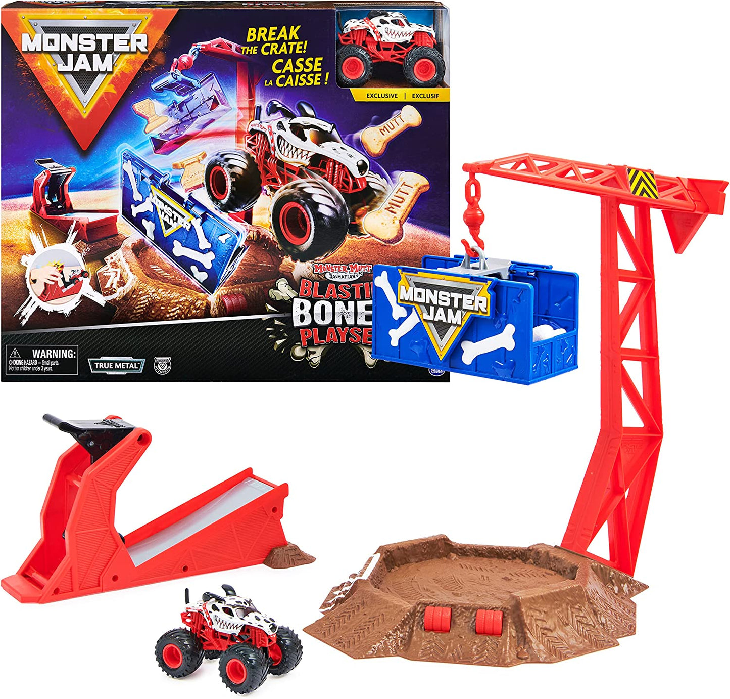 Monster Jam, Blastin’ Bones Playset with Exclusive Monster Mutt Dalmatian, Monster Truck Kids Toys for Boys Aged 3 and Up