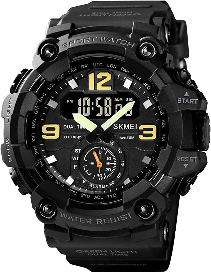 Men Digital Sports Watch, Dual Time Display LED Military Wrist Watch, Shockproof Large Dial Men Wristwatches Outdoor Waterproof Alarm Watches