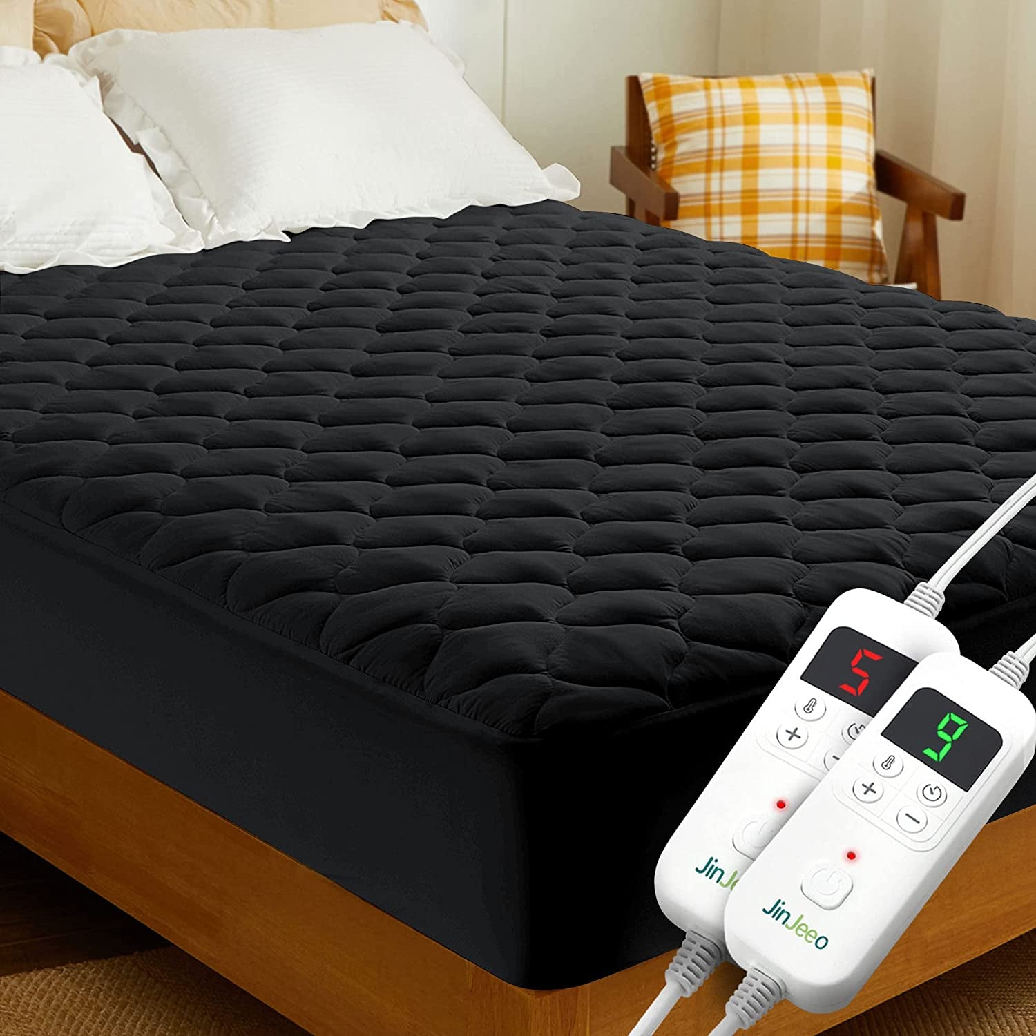 Heated Mattress Pad King Size Electric Mattress Pads Black Electric Bed Warmer Fit up to 21" with 11 Heat Settings Single Controller 9 Hours Auto Shut Off