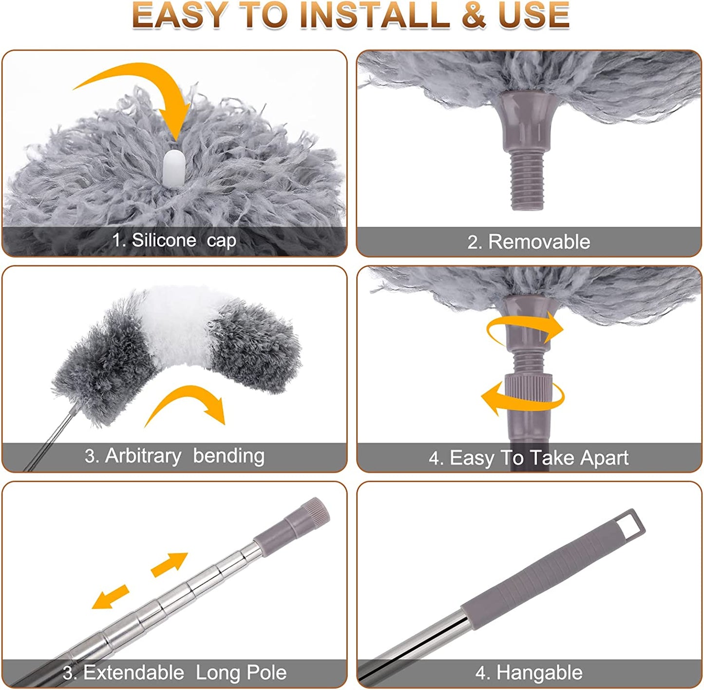 9PCS Microfiber Extendable Feather Duster (Stainless Steel) 30 to 100 Inches