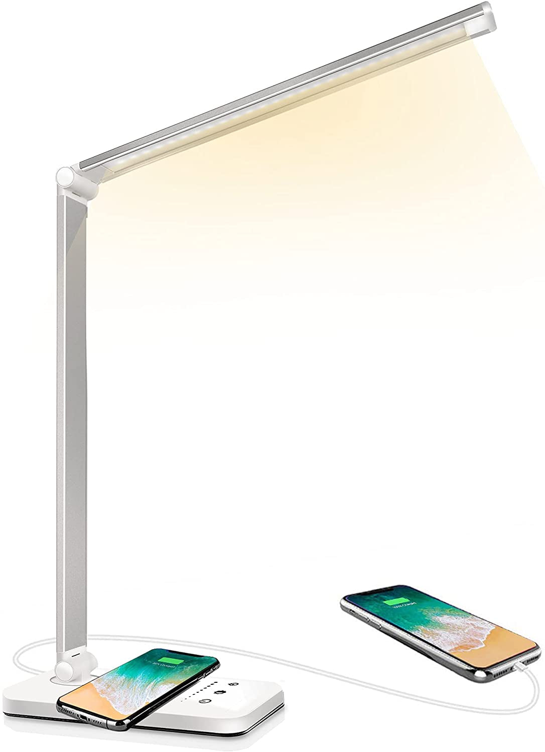 LED Desk Lamp with Wireless Charger, USB Charging Port, Lighting 10 Brightness Level, 5 Modes, Reading Light for Home, Office , Touch Control, Auto Timer Lamps, Silver