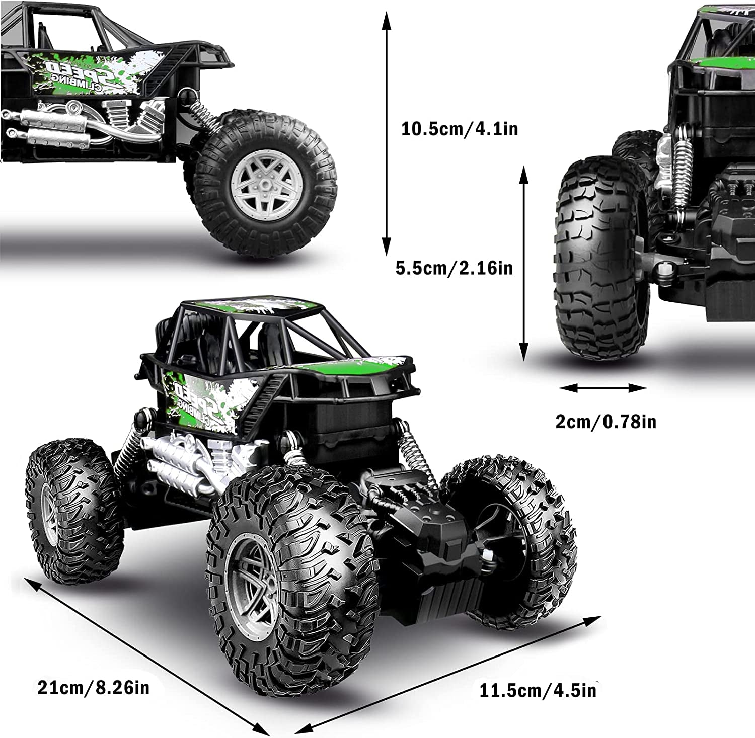 1:18 Scale RC Monster Vehicle Truck Crawler, All Terrains 4WD High Speed Electric Vehicle with Remote Control, off Road Truck with Two Rechargeable Batteries for Boys Kids and Adults (Green)
