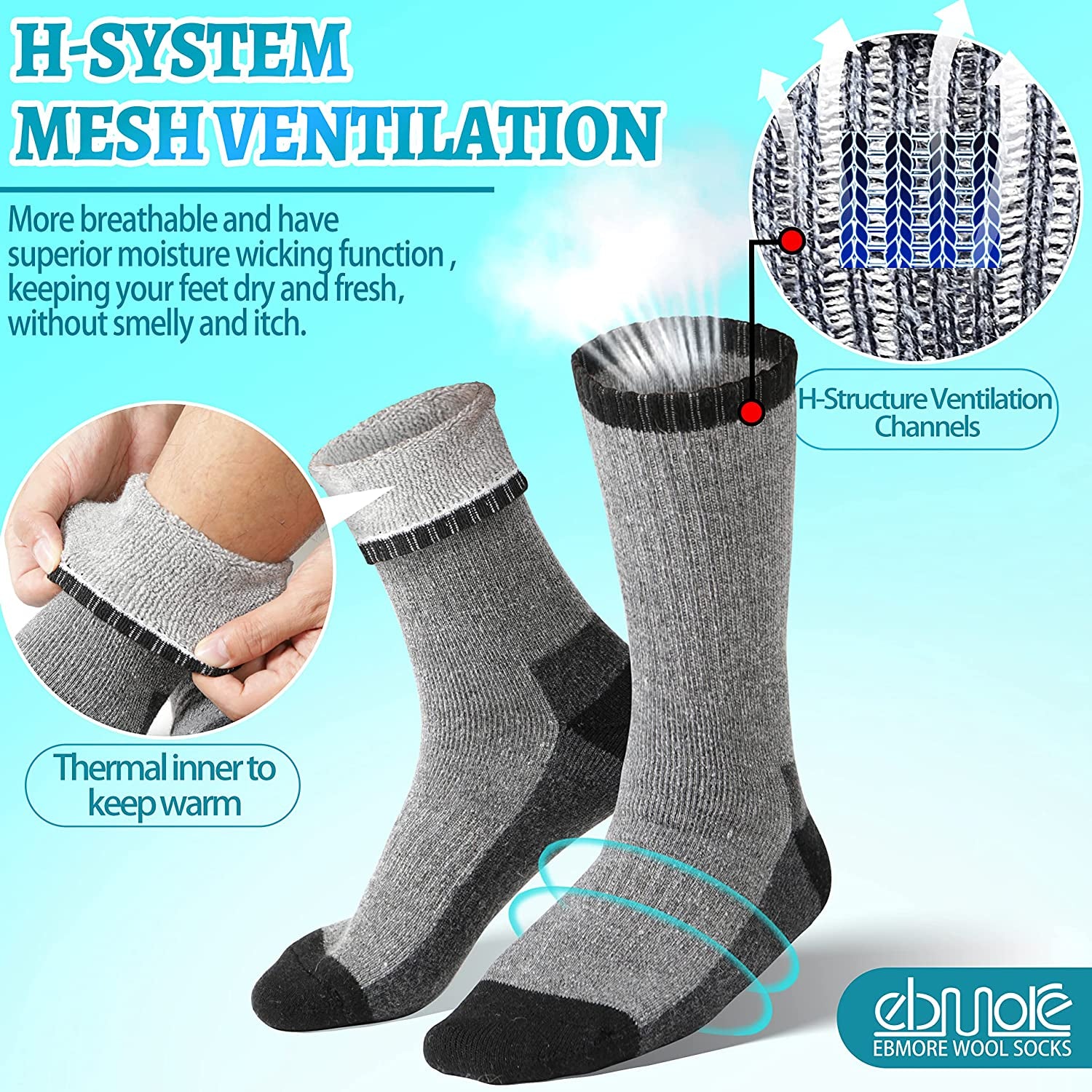 4 Pairs 70% Merino Wool Hiking Socks for Men & Women Winter Thermal Moisture Wicking Full Cushion Boot Socks