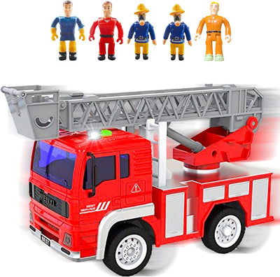 Fire Truck Toy with Lights, Sounds, Sirens, Extendable Ladder, Powerful Friction Wheels, 5 Firemen, Firefighter Figures - Red Mini Firetruck Engine for Toddlers, Kids, Boys, Girls Ages 3-7