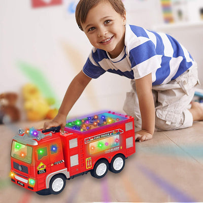 4D Lights up Trucks Toys for 3 4 5 6 Year Old Boys Girls,Toddler Toys Electric Fire Truck with Bright Flashing Lights and Sounds,Bump&Go Car Toy for Imaginative Play(Fire Truck)