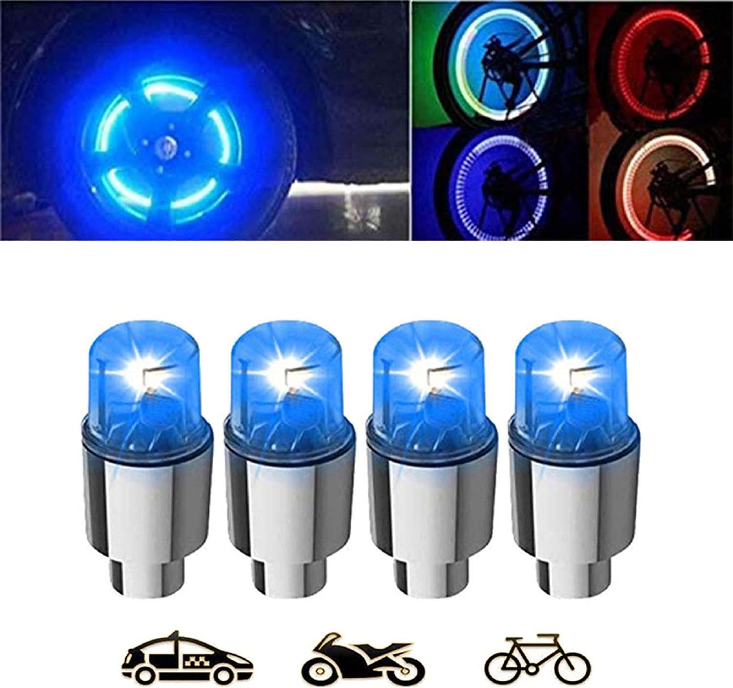  4 Pack LED Wheel Lights with Batteries Included - Car Bike Tire Valve Stem Light, Spoke Flash Lights Car Valve Stems & Caps Accessories, Motion Activated, Safety, Waterproof