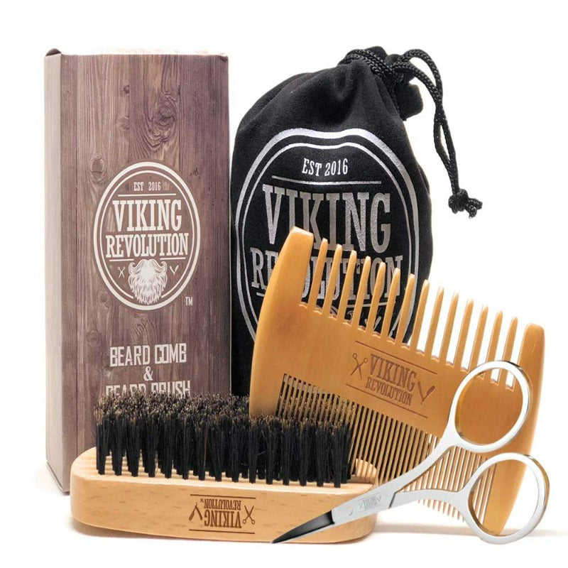  Beard Comb & Beard Brush Set for Men - Natural Boar Bristle Brush & Dual Action Pear Wood Comb W/Velvet Travel Pouch 