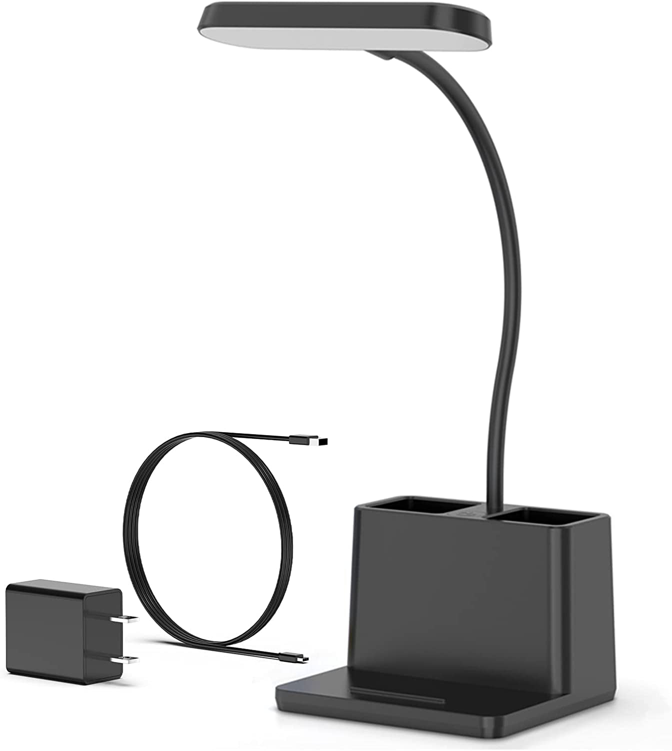 450LM Small Desk Lamp, LED Desktop Lamps for Home Office, Black Desk Light with Pen Holder, Photo Mount, Flexible Gooseneck, Kids Study Desk Lamp for College Dorm Room, Charger Adapter Included