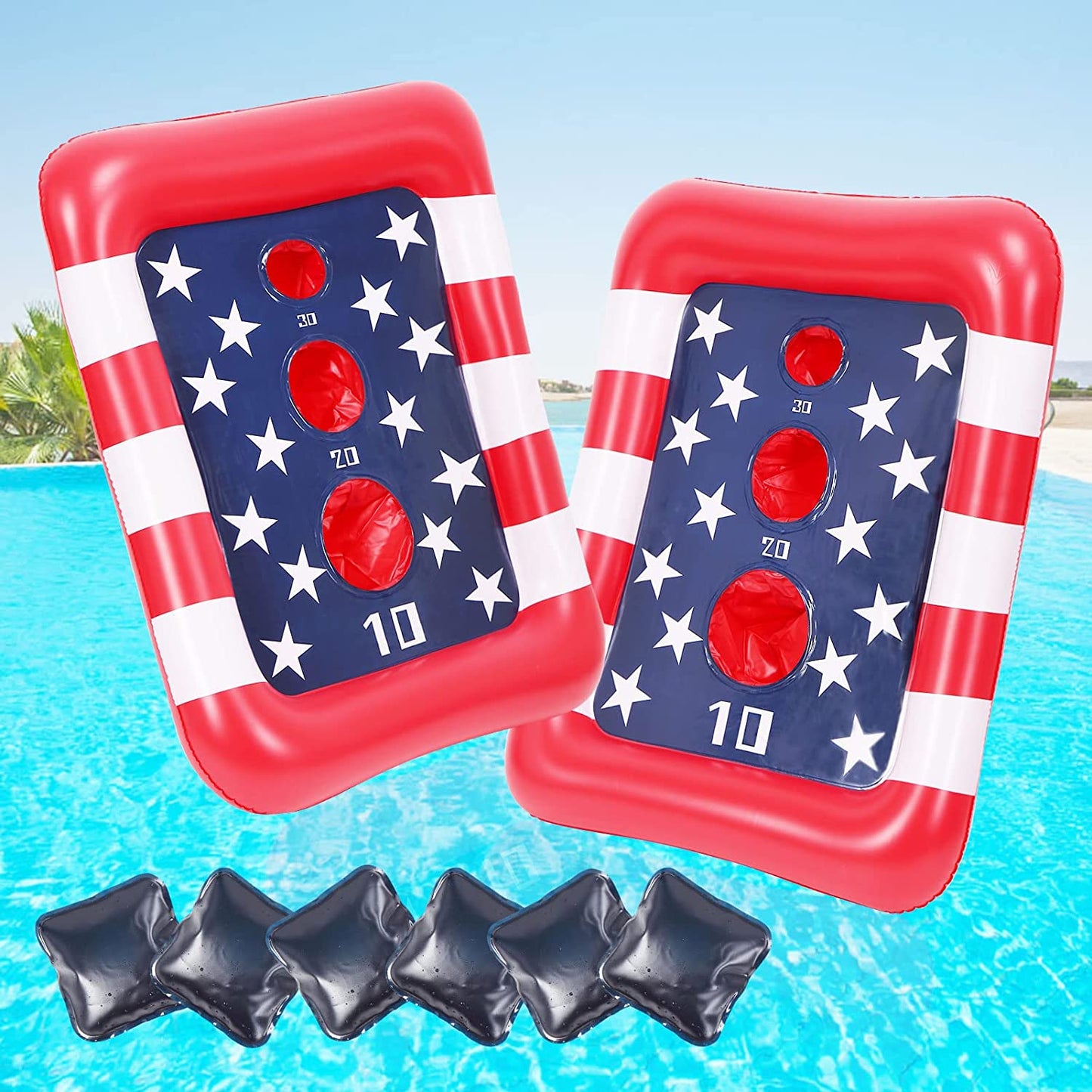  Floating Cornhole Set, American Flag Swimming Pool Party Supplies Pool Accessories, Summer Pool Toys for Kids Adults, 2pcs Float Cornhole Boards