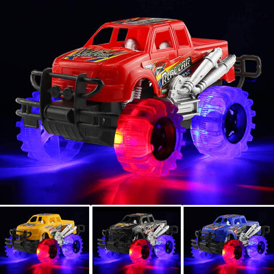 4 Pack 4 Colors Light up Monster Truck Set with Flashing LED Wheels, Best Gift for Boy and Girl Age 3+ Years Old. Push N Go Car, Monster Car Toy for Kids Child Toddler Birthday Party Favors