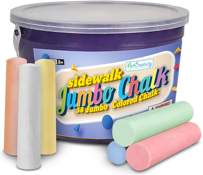 38 Colorful Jumbo Sidewalk Chalk Set in Storage Bucket 7 Colors, , Portable, Dust Free & Washable, for Driveway, Pavement, Outdoors, Arts & Crafts Gift for Kids
