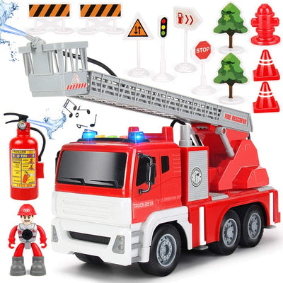 Toy Fire Truck with Lights and Sounds - 4 Sirens - Extending Ladder - Friction Powered Fire Engine Vehicles Toys Gift for for Kids Toddlers Boys & Girls