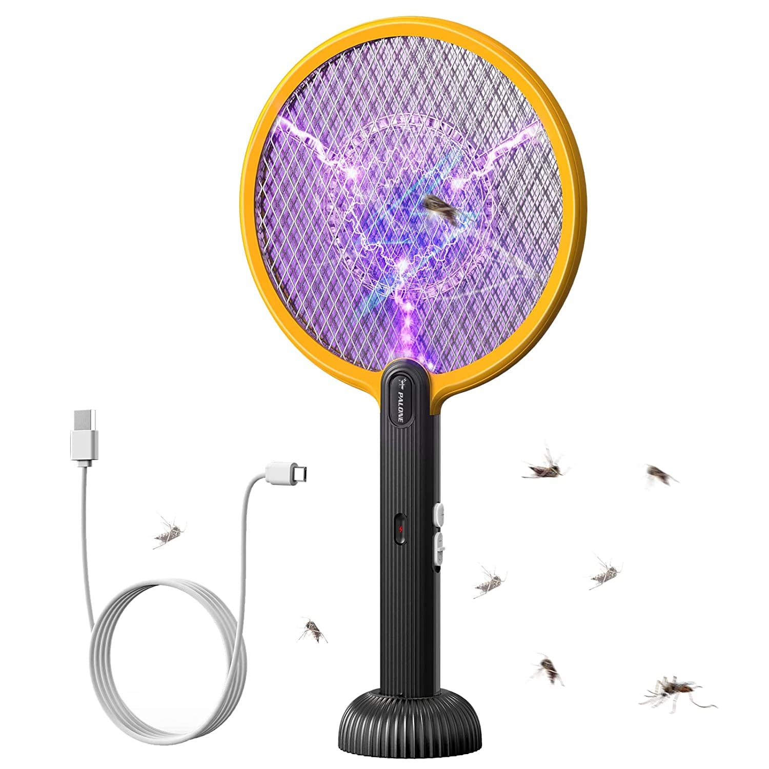  Electric Fly Swatter 4000V Bug Zapper Racket 2 in 1 Fly Swatter Electric Fly Zapper Racket with 3 Layers Safety Mesh USB Rechargeable Insect Racket for Mosquitoes Flies Gnats (Yellow/Black)