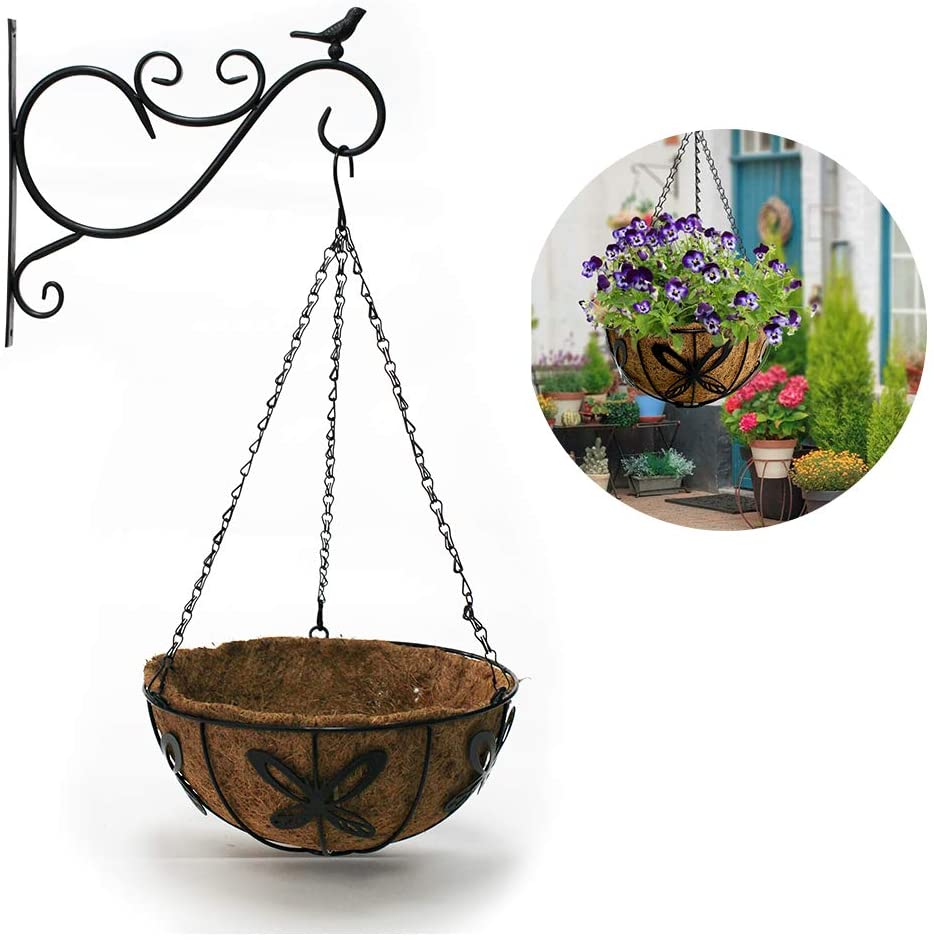 10 Inch Metal Hanging Planter Basket with Natural Coconut Coir Liner, Chain and Hook Included,Hanging Planters for Outdoor Indoor Plants,Wall Hanging Flower Baskets Garden Decoration,2Pack