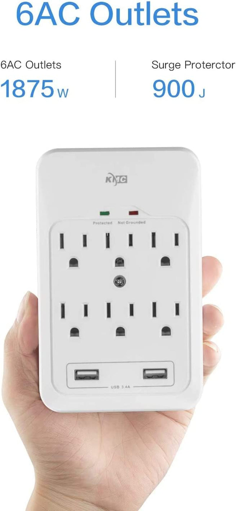 KMC 6-Outlet Surge Tap, 2 USB Ports (3.4A), 980 Joules Surge Protector, White (2 Pack)