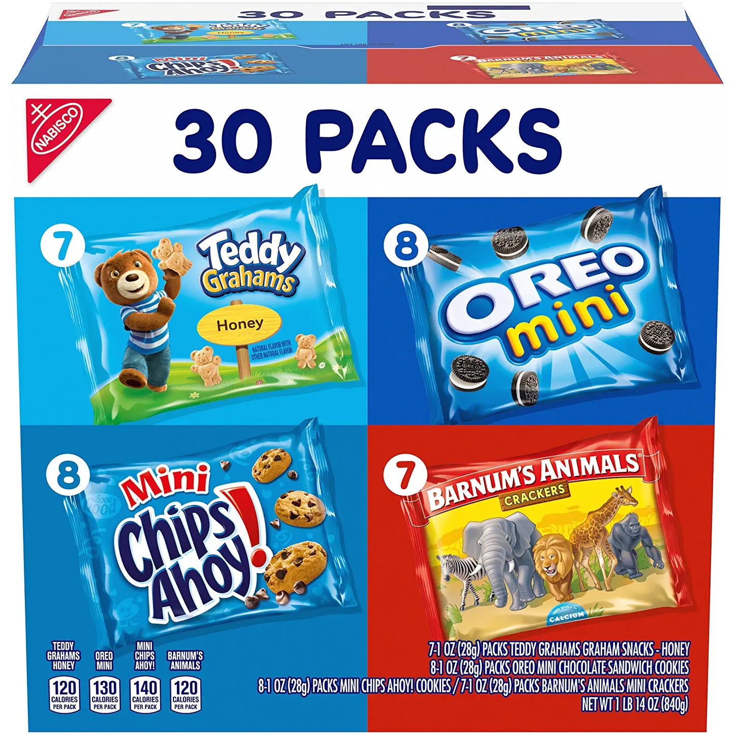 NABISCO Team Favorites Variety Pack, OREO Mini, CHIPS AHOY Mini, Teddy Grahams Honey & Barnum'S Animal Crackers, Snack Packs, Assorted, 1 Ounce (Pack of 30)