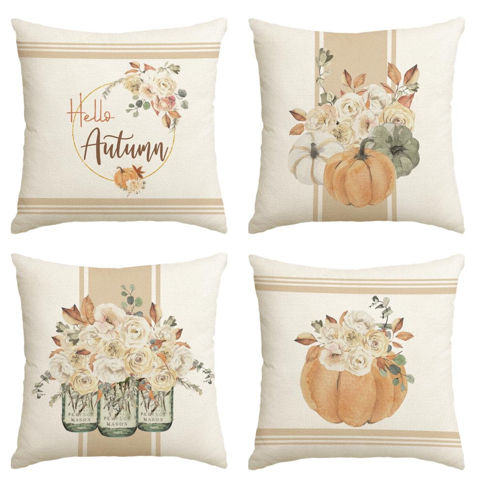 Fall Throw Pillow Covers 18 X 18 Set of 4 Hello Autumn Floral Pumpkin