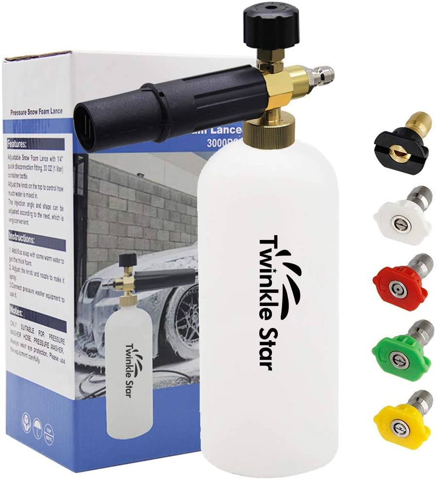 Twinkle Star Foam Cannon 1 L Bottle Snow Foam Lance with 1/4" Quick Connector, 5 Nozzle Tips for Pressure Washer