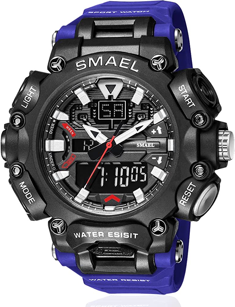 Men's Sports Watch Digital Outdoor Watch Big Face Display Waterproof Tactical Army Watches for Men Blue