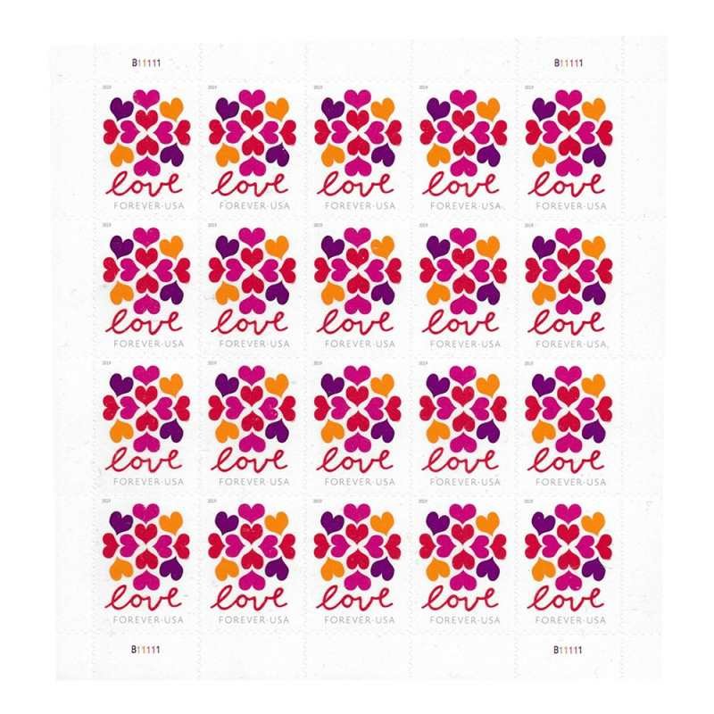 USPS HEARTS BLOSSOM LOVE 2019 Forever Stamps - Sheet of 20 Postage Stamps