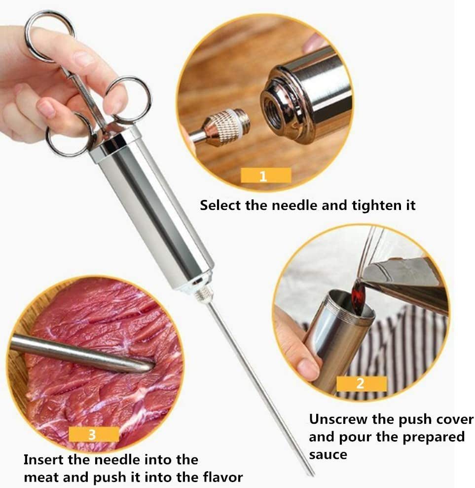 Meat Injector Syringe Kit, Food Seasoning Injector, Food Grade 304 Stainless Steel 2-Oz Large Capacity with 3 Needles, Easy to Use and Clean, Free Silicone BBQ Brush (Silver+Blue)