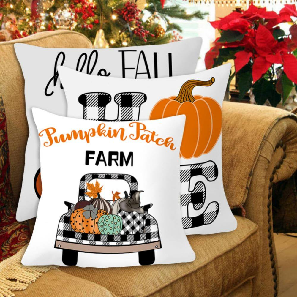 Fall Pillow Covers Thanksgiving Pillow Cases Decorative Buffalo Plaid Throw Pillow Covers Pumpkin Maple Leaf Square Linen Pillowcase for Autumn Thanksgiving Home Decor 18 X 18 Inch