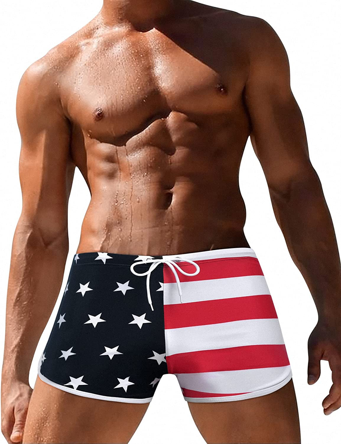  Mens Swimsuit Swim Trunks with Mesh Lining American Flag Swimwear Briefs Board Shorts