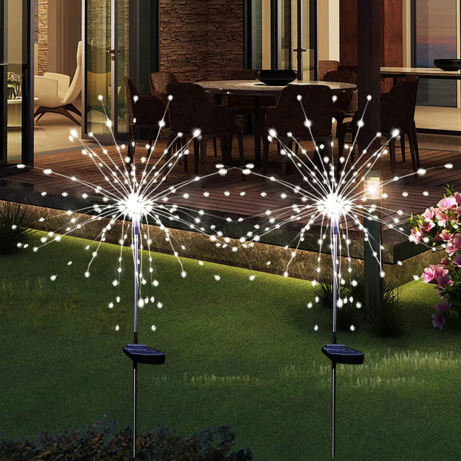 Solar Garden Firework Lights Outdoor Waterproof 2 Pack Solar Powered Art Stake Twinkle Lighting for Outside Decor, 120 LED Sparklers String Lights for Yard Pathway Patio Party Decorations (Warm)