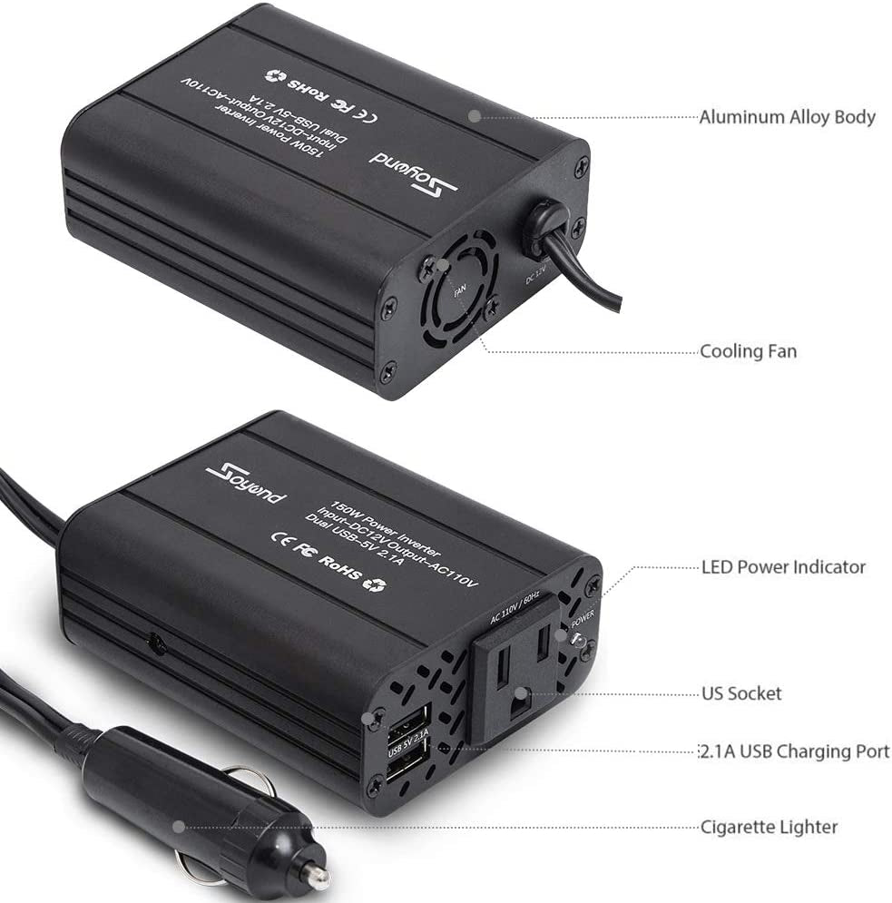 150W Car Power Inverter DC 12V to 110V AC Converter 4.2A Dual USB Ports Car Charger Adapter Black