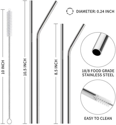 12-Pack Reusable Stainless Steel Metal Straws with Case - Long Drinking Straws for 30 oz and 20 oz Tumblers Yeti Dishwasher Safe - 2 Cleaning Brushes Included