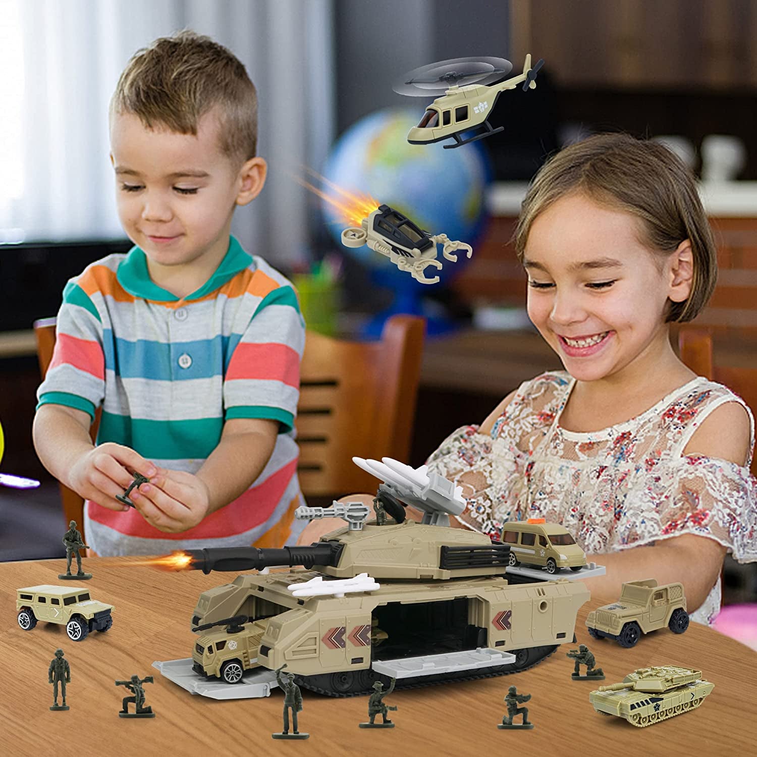 Military Tank Toy Sets, Army Toys with 7 Vehicles Trucks Helicopter, Model Car Kits Birthday Gift for Boys Girls Kids, Easy to Store