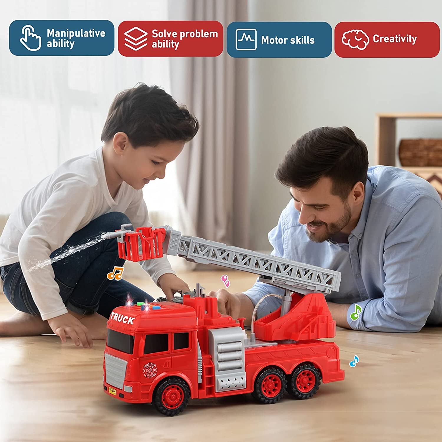 Toddler Fire Truck with Lights, Sounds, Working Water Pump and Rescue Ladder, Woumserta Big Firetruck Toys for Kids 3-8 as Birthday Gift, Push Fire Truck Toys for Boys Girls Staying at Home