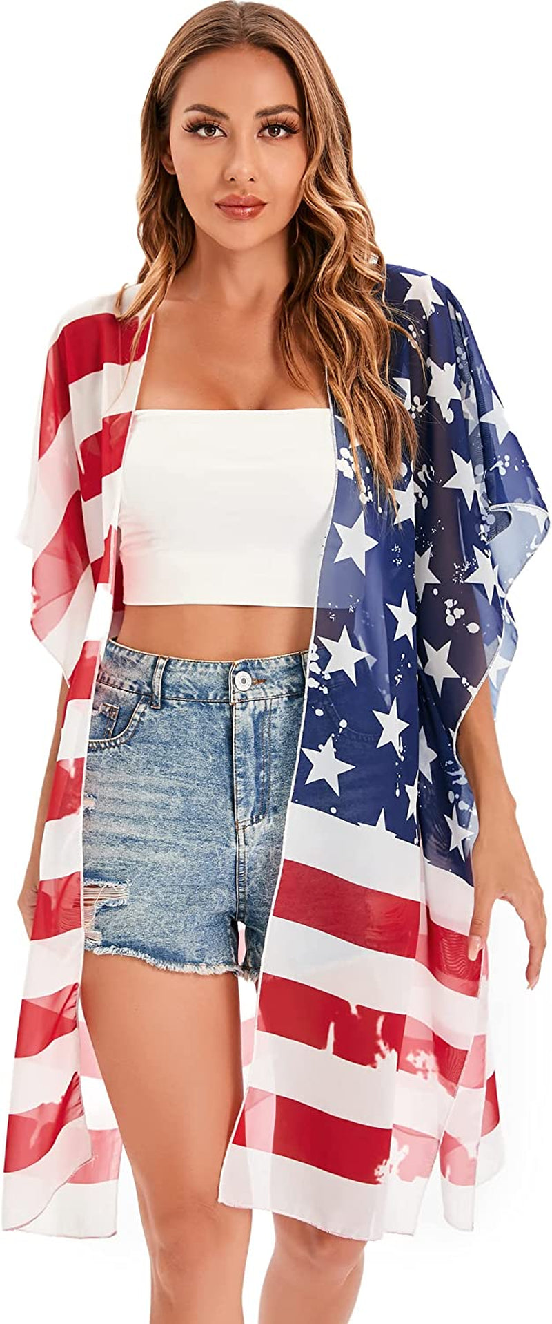  Women's American Flag Kimono Cover up Beachwear Cardigan Loose Tops Shirt Blouse