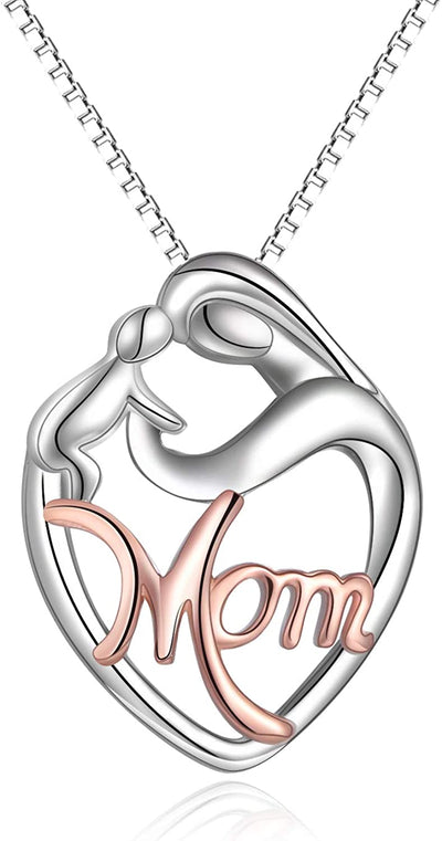  925 Sterling Silver Mother and Child Love Heart Pendant Necklace 