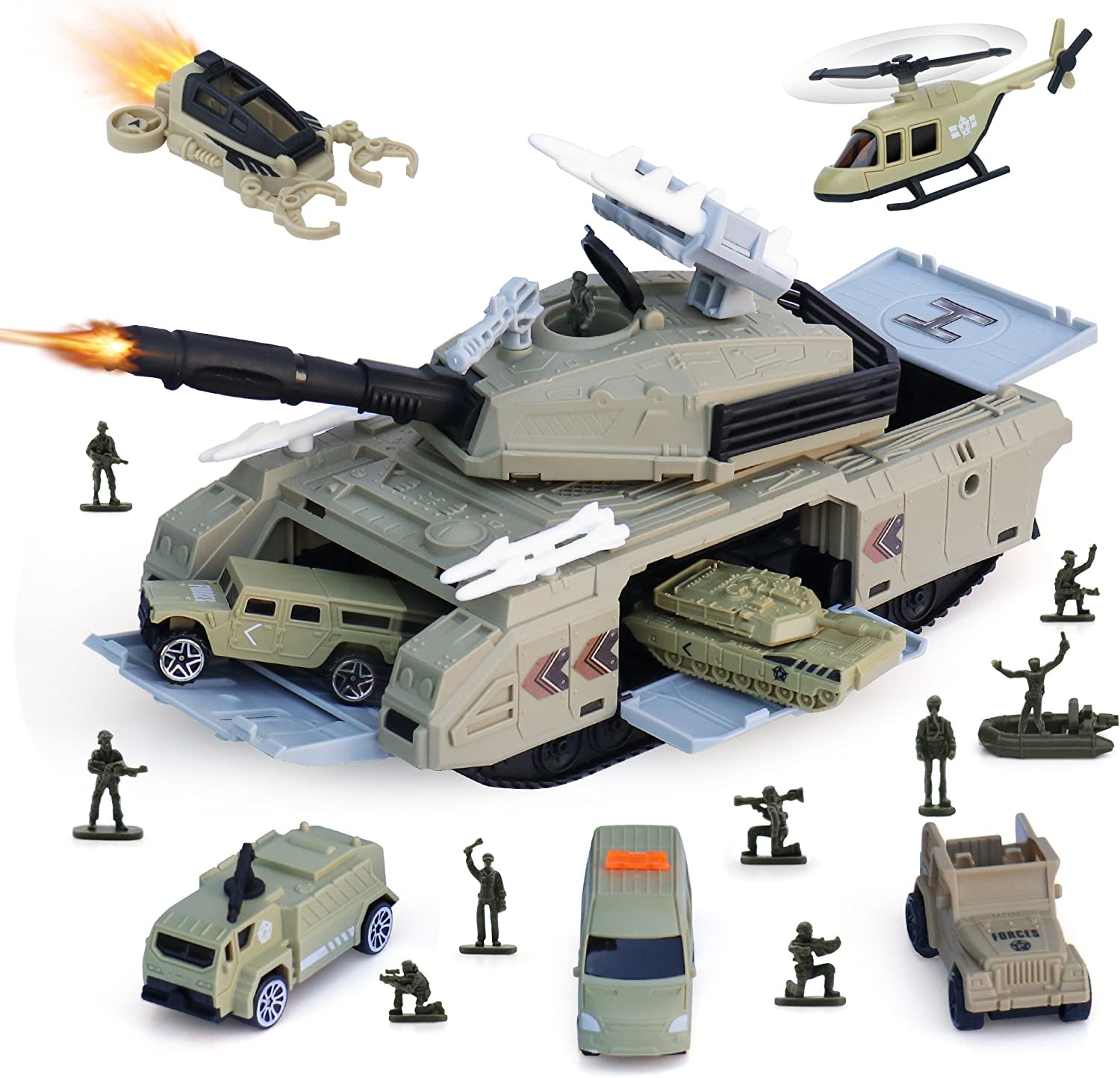 Military Tank Toy Sets, Army Toys with 7 Vehicles Trucks Helicopter, Model Car Kits Birthday Gift for Boys Girls Kids, Easy to Store