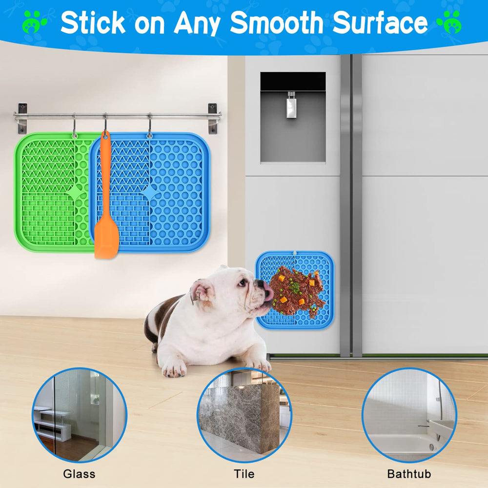 Lick Mat for Dogs, 3Pcs Slow Feeder Dog Bowls with Suction Cups（Green Dog Lick Mat + Blue Lick Mat for Cats + Orange Spatula） for Dog Treats & Cat Food (Anti-Slip, Food Grade Silicone)
