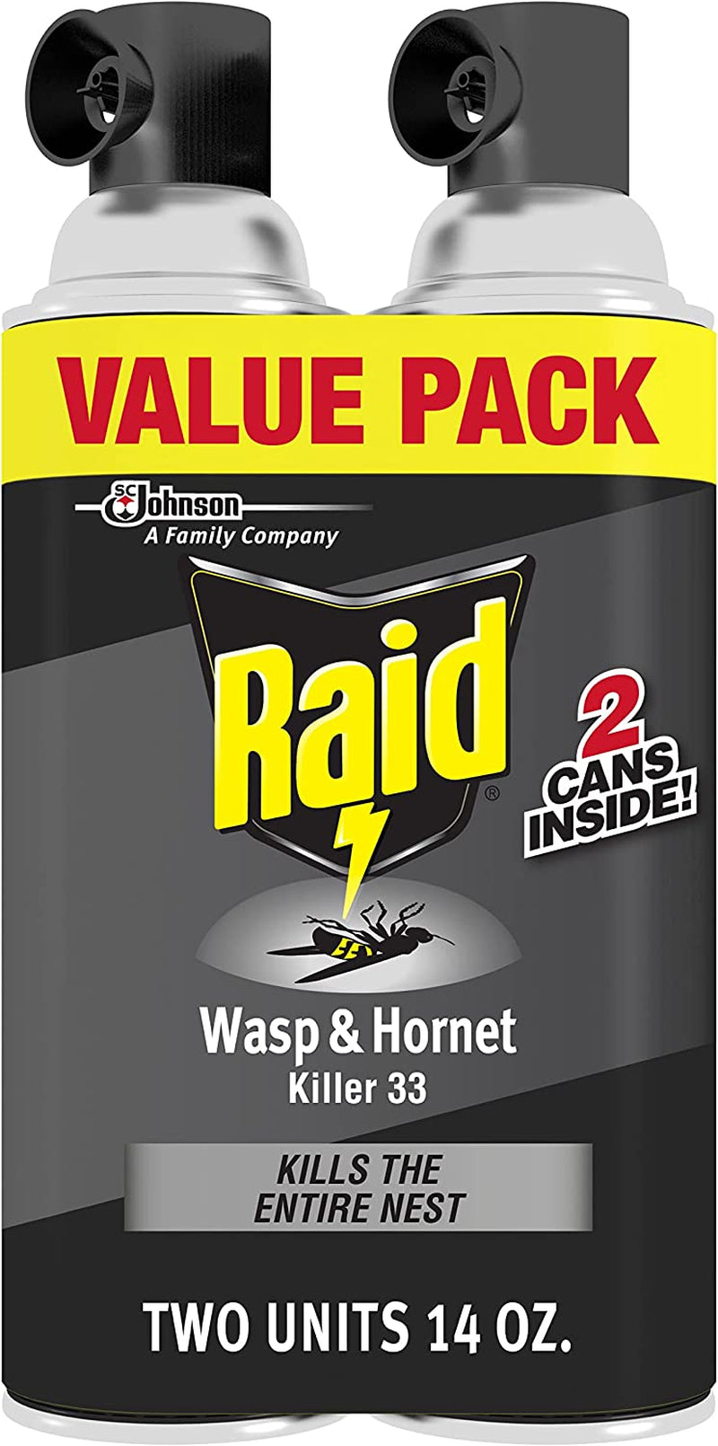 Raid Wasp & Hornet Killer Spray, Kills the entire nest, Kills Paper Wasps, Yellow Jackets, Mud Daubers and more, 14 oz (Pack of 2)