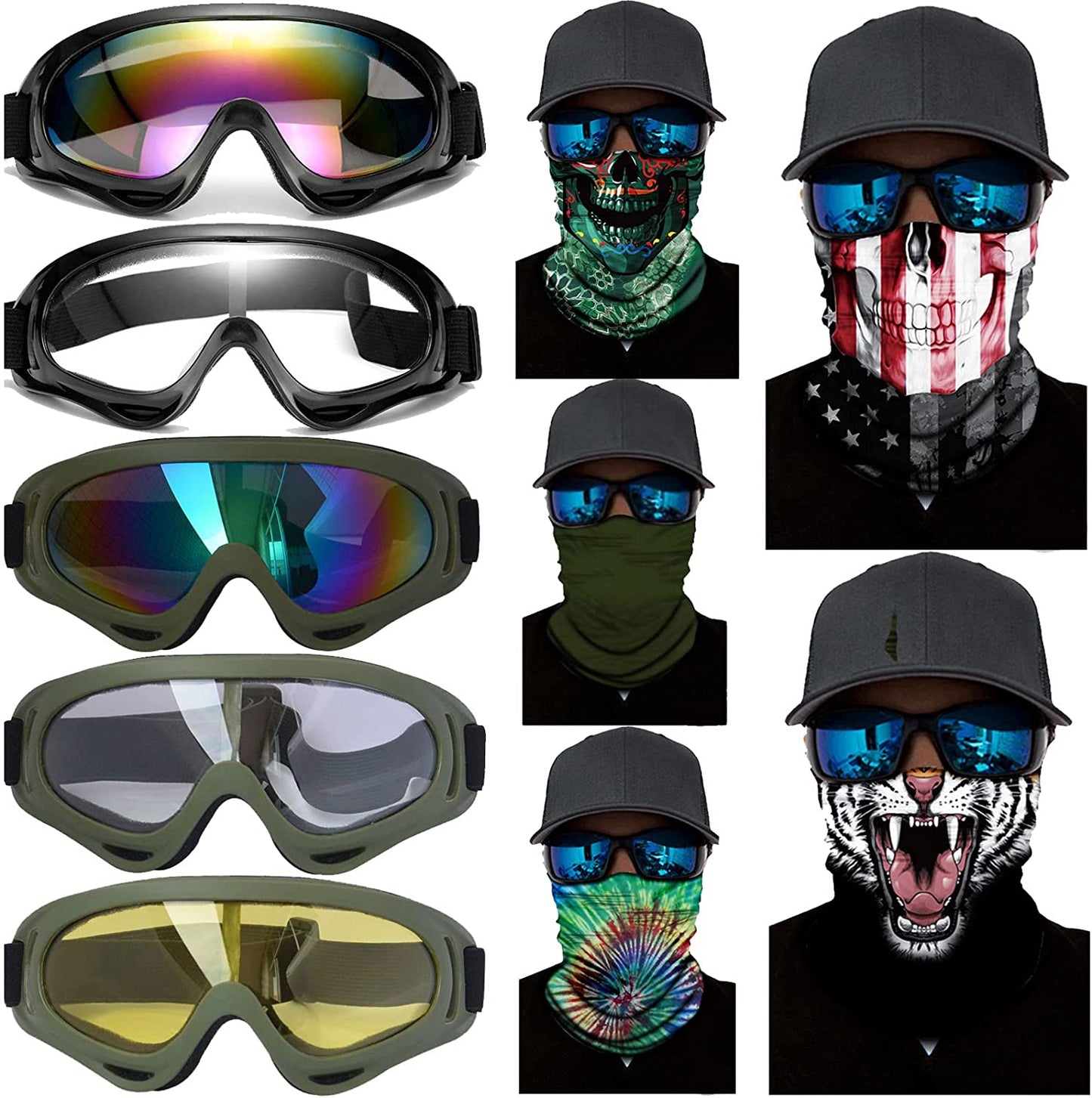 10 Packs Motorcycle Accessories, 5PCS Dirt Bike Ski Goggles Dustproof Windproof Safety Glasses and 5PCS Face Masks