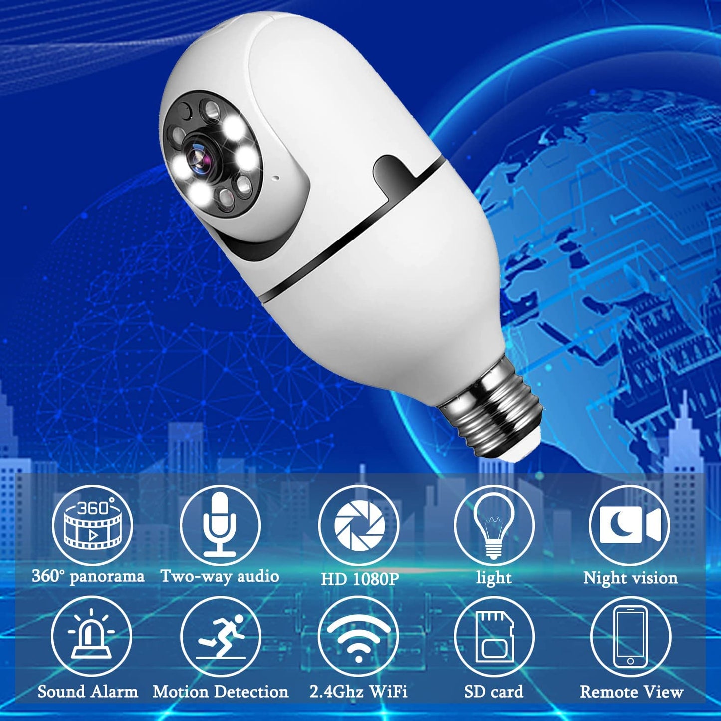 360 Camera, Full HD 1080P Light Bulb Camera, 2.4GHz WiFi Camera with 64G SD Card, Night Vision Motion Detection Wireless Camera Home Camera, Pet Monitor