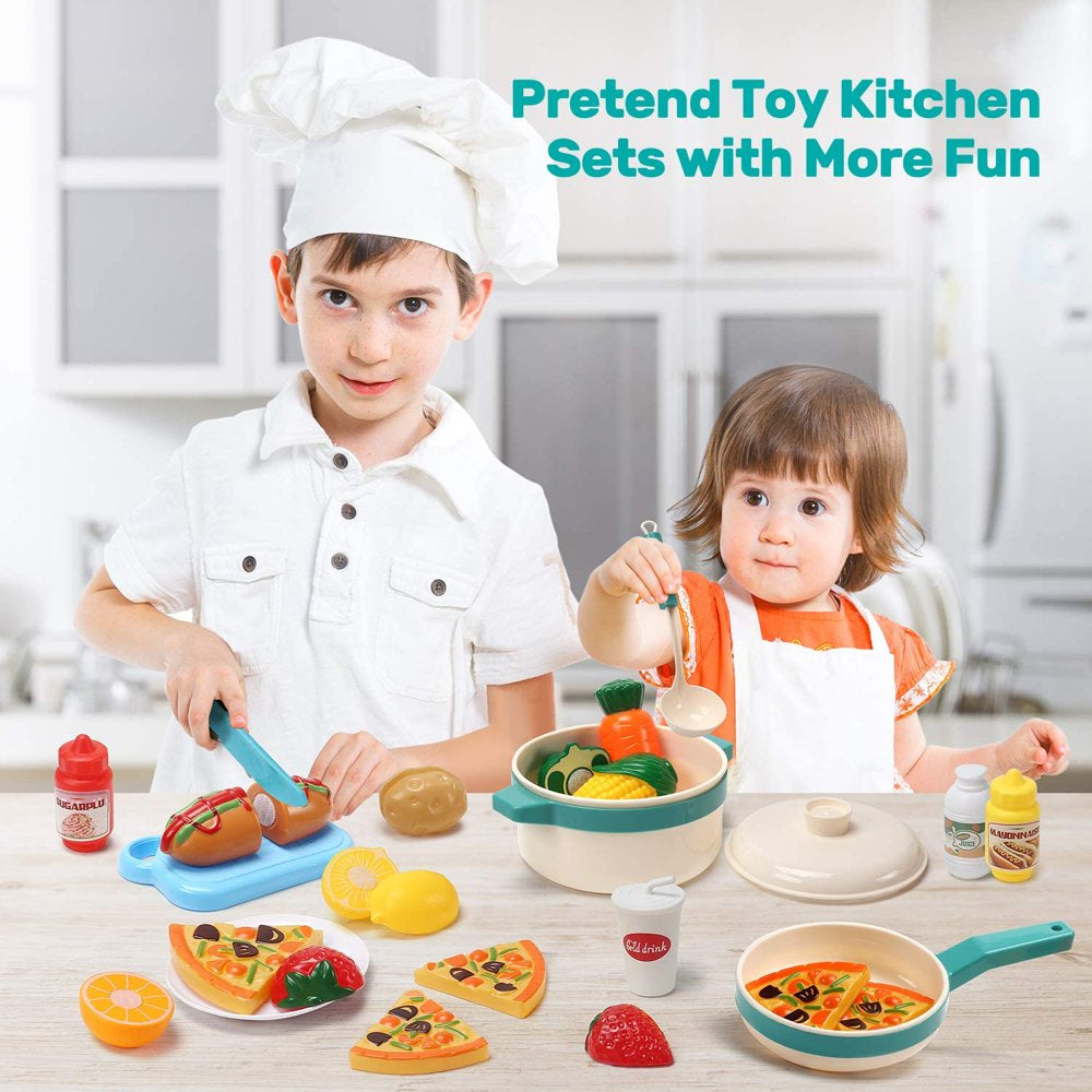 40PCS Kids Kitchen Pretend Play Toys Cooking Set with Pots and Pans Cookware Cutting Play Food Great Gift for Toddles Infant Boys Girls Play Inside